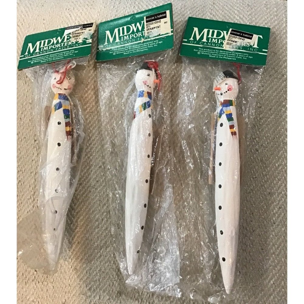 Wooden Hand Carved Christmas Ornament Icicle Snowman 7 “ Lot Of 3 NWT